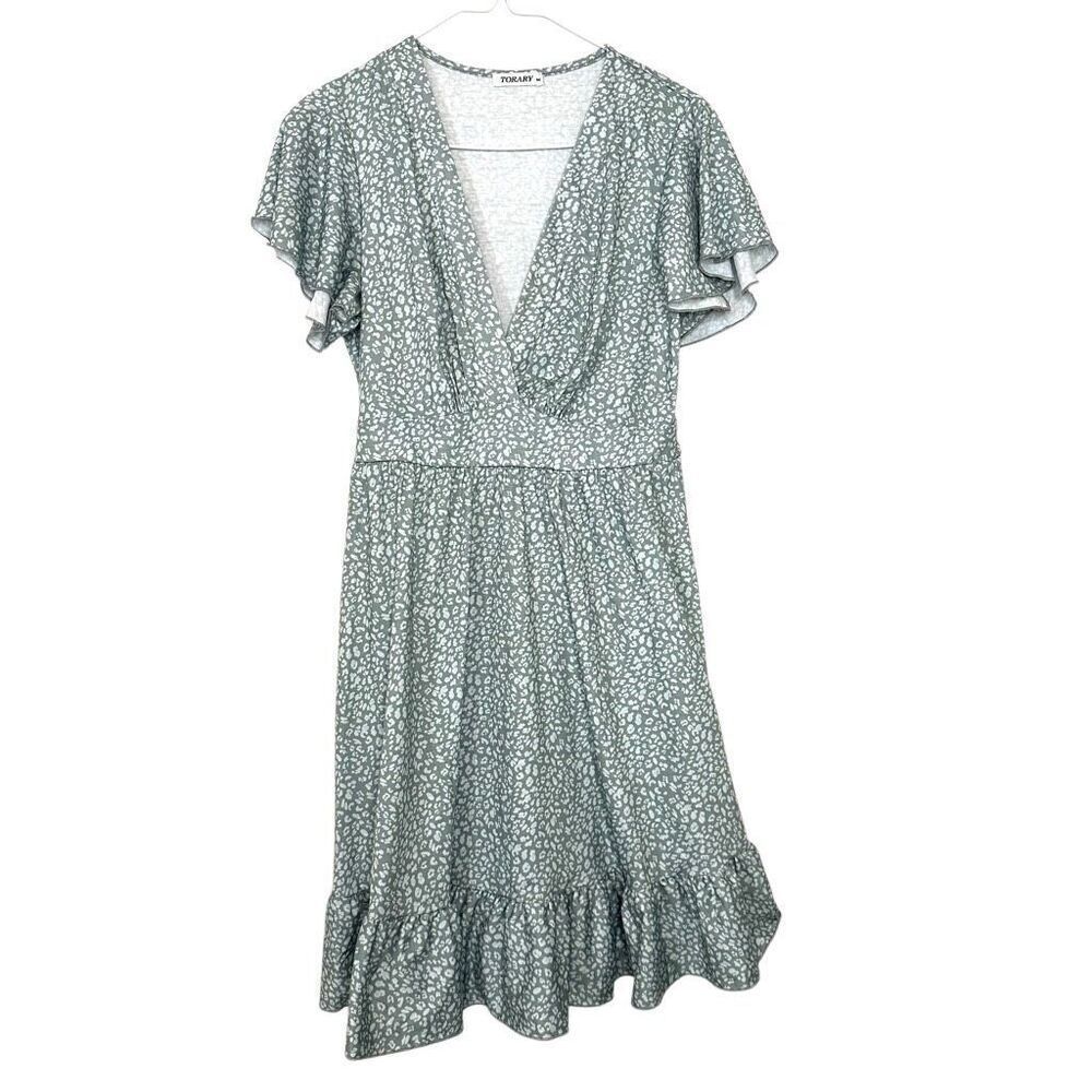 Torary Floral Short Sleeve Ruffle Wrap A Line Dress Green White Medium